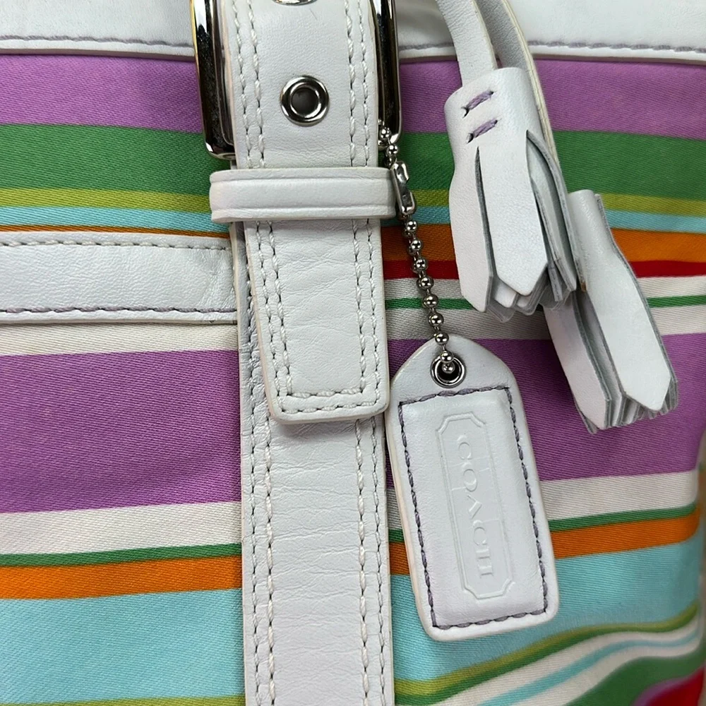 Coach Y2K Hampton Multi color striped fabric and leather tote 2007 - Picture 3 of 15